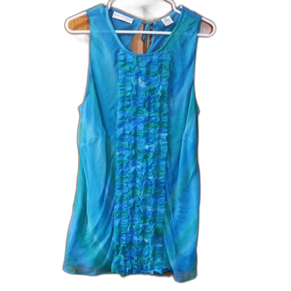 Dana Buchman Blue Sheer Ruffle Key Hole Crystal Tie Long  Sleeveless Top Silk 12